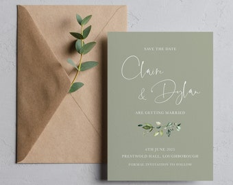 Save the date cards, sage green eucaluptus save the dates with envelopes, Botanical save our date, green save the dates ERGN100c