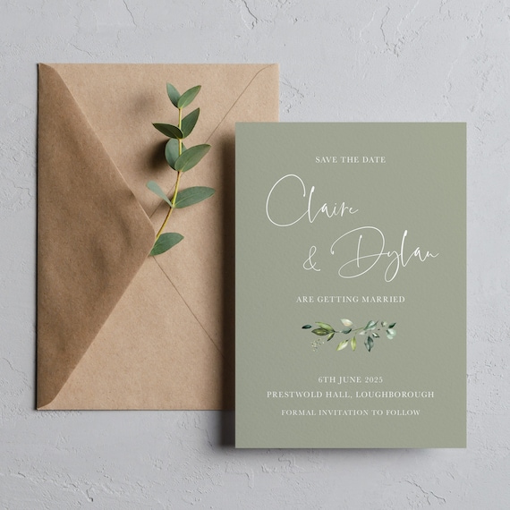 Save the date cards, Sage green eucaluptus announcement card with envelopes, Botanical invite ERGN100c