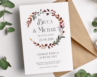 Fall wreath save the date cards, autumn wedding save the dates, Botanical leaf save the date card FRSS100