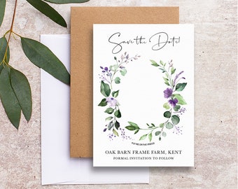 Purple floral wreath save the date backing cards, botanical evergreen spring summer wedding save the date cards with envelopes PPEVG101a