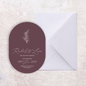 Speichern Sie die Datumskarten mit Umschlägen, Luxuriöse Pflaumenschrift speichern die Datum ovalen Karten, Klassische Speichern Sie unsere Datum Hochzeitskarten