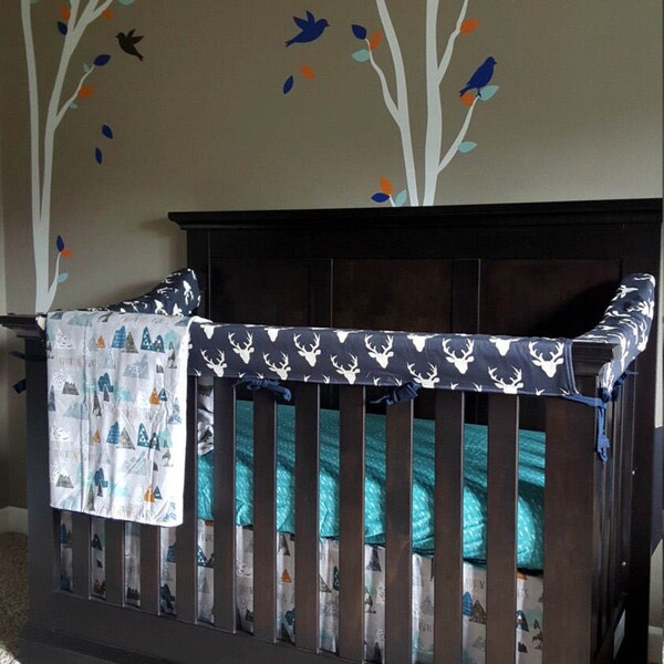 3-Piece Nursery Bedding Set | Crib Bedding Baby Boy Bedding Woodland Deer Arrows Tribal Mountains Gender Neutral Sheet Skirt Navy Stag