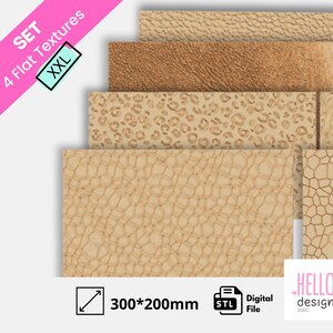 Peut inclure: Un ensemble de quatre textures plates dans des tons bruns et beiges. Les textures présentent des motifs tels que la peau de reptile et l'imprimé léopard. Les dimensions sont de 300 mm x 200 mm. L'image comprend également le texte "SET 4 Flat Textures XXL".