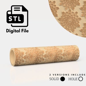 Könnte beinhalten: Eine 3D-druckbare STL-Datei für einen Nudelholz mit einem floralen Design. Das Bild zeigt eine 3D-Darstellung des Nudelholzes. Der Text "STL Digital File" ist im Bild enthalten.