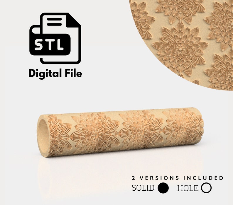 May include: A 3D printable STL file for a rolling pin with a floral design. The image shows a 3D rendering of the rolling pin. The text "STL Digital File" is included in the image.