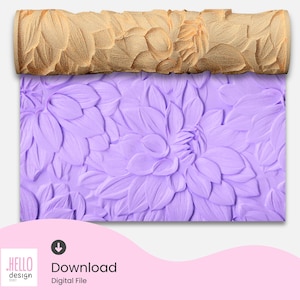 Puede incluir: Una herramienta de artesanía con un rodillo texturizado y un diseño floral. El rodillo es de color marrón claro, y la superficie sobre la que rueda es de color lila claro, con un patrón floral a juego. La imagen incluye el texto "Download Digital File".