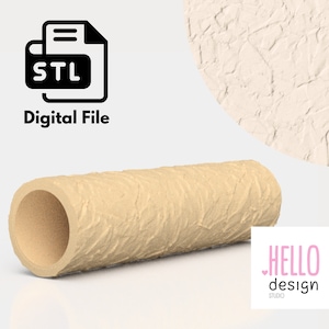 Puede incluir: Un archivo digital para la impresión 3D de un rodillo texturizado para pintar paredes. El rodillo es beige y tiene una superficie rugosa y texturizada. El formato del archivo es STL.