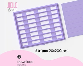 Puede incluir: Un esténcil rectangular de color lavanda con un patrón de cuadrícula y el texto "Stripes 20x200mm". También se ve una hoja de lavanda separada con líneas horizontales. La imagen incluye el texto "Download Digital File".