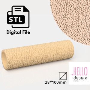 Könnte beinhalten: Eine digitale Datei zum 3D-Druck einer strukturierten Rolle mit den Maßen 28 x 100 Millimeter. Die Rolle ist beige und hat eine strukturierte Oberfläche. Das Dateiformat ist STL.