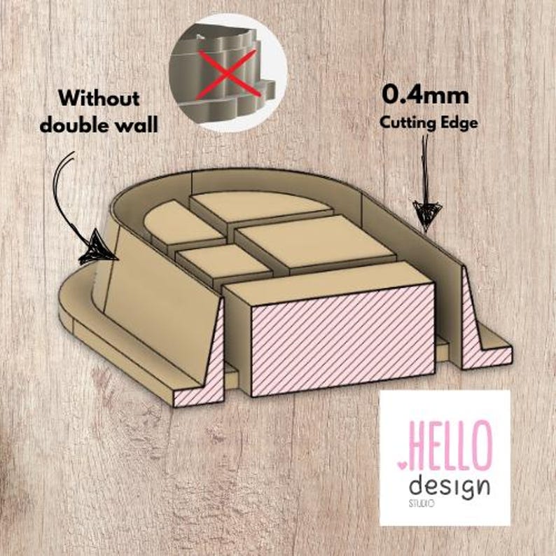 Puede incluir: Un objeto impreso en 3D de color beige, con una base rectangular y m&uacute;ltiples secciones elevadas. La imagen incluye el texto "Without double wall" y "0.4mm Cutting Edge". El logotipo de "HELLO design STUDIO" est&aacute; en la esquina inferior derecha.