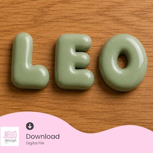 May include: Three sage green, glossy, rounded, three-dimensional letters spelling the word LEO. The letters have a smooth, bulbous, bubble-like appearance. Below the letters, a pink graphic contains the text: Hello design studio, Download, Digital File.