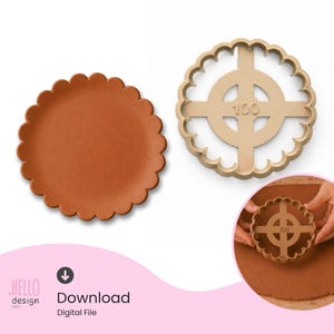 May include: A tan cookie cutter with a scalloped edge and a cross-shaped design with the number 100 in the center. Next to it is a round, brown cookie with a scalloped edge. The image also includes the text "Download Digital File".