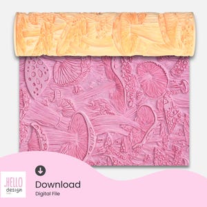Op de afbeelding: Een roze en gele deegroller met een reliëfpatroon van paddenstoelen. Het ontwerp toont verschillende paddenstoelvormen en -texturen. De afbeelding bevat de tekst "Download Digital File" en het logo "Hello Design".