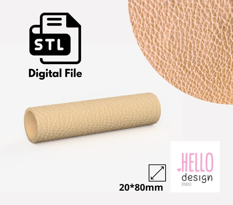 May include: A digital file for 3D printing, shown as a beige textured cylinder, 20 inches by 80 inches. The file format is STL. The image also includes the text "Digital File" and "HELLO design studio".
