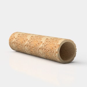 May include: A brown rolling pin with a floral pattern carved into the surface. The rolling pin is made of wood and has a smooth, rounded handle.