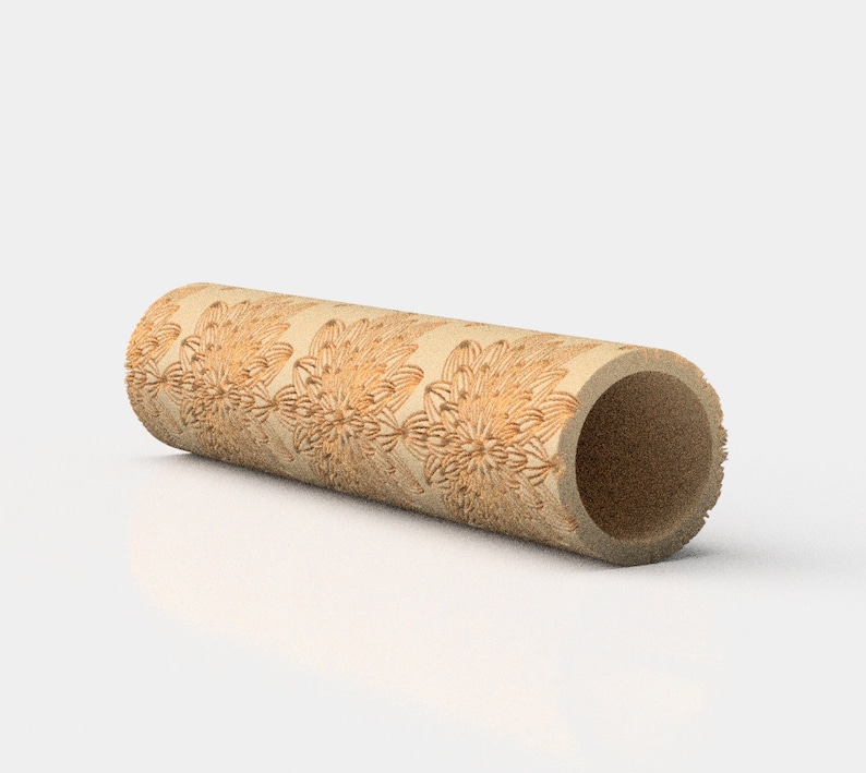 May include: A brown rolling pin with a floral pattern carved into the surface. The rolling pin is made of wood and has a smooth, rounded handle.