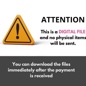 Puede incluir: Un tri&aacute;ngulo de advertencia naranja con un signo de exclamaci&oacute;n, acompa&ntilde;ado del texto "ATENCI&Oacute;N". El texto aclara que el producto es un archivo digital y que no se enviar&aacute;n art&iacute;culos f&iacute;sicos. Tambi&eacute;n se incluyen instrucciones para descargar los archivos.