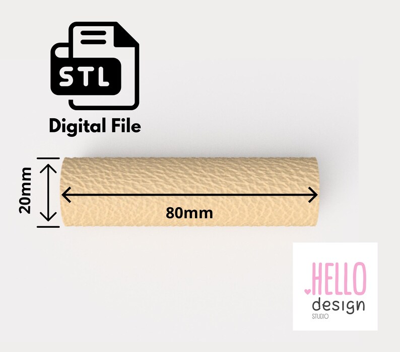 May include: Digital file for a 3D printable model of a beige textured cylinder. The cylinder is 80mm long and 20mm in diameter. STL file.