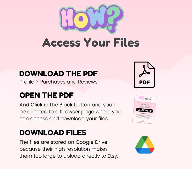 May include: A pink and white graphic with the text "HOW? Access Your Files" in a colorful font. The graphic explains how to download digital files purchased on Etsy. The graphic includes a PDF icon, a Google Drive icon, and the text "Download the PDF", "Open the PDF", and "Download Files".