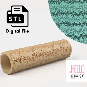 May include: A digital file for a 3D printed rolling pin with a leafy pattern. The file is in STL format. The rolling pin is shown in a 3D rendering on a white background.