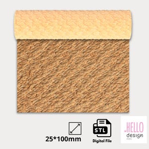 May include: A digital file for 3D printing a textured surface, measuring 25 by 100 millimeters. The surface is a light brown color with a fuzzy texture.