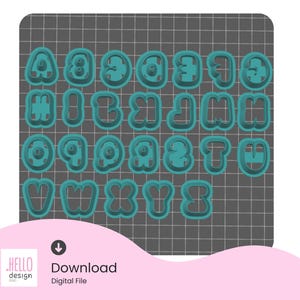 May include: A set of teal plastic cookie cutters shaped like the letters of the alphabet from A to Z, arranged in rows on a gray grid. The text "HELLO design STUDIO" and "Download Digital File" with a downward arrow icon appear below.