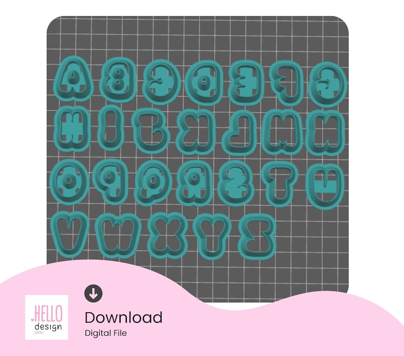 May include: A set of teal plastic cookie cutters shaped like the letters of the alphabet from A to Z, arranged in rows on a gray grid. The text "HELLO design STUDIO" and "Download Digital File" with a downward arrow icon appear below.
