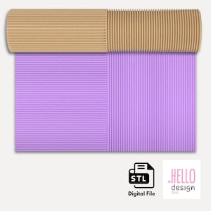 May include: A roll of light brown and purple corrugated cardboard paper. The paper is ribbed and has a textured surface. The roll is partially unrolled, showing the purple side of the paper.