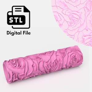 May include: A pink 3D printed roller with a rose pattern. The roller is designed for creating textured surfaces on walls or other surfaces. The image also includes a digital file icon with the text "STL" and the words "Digital File".