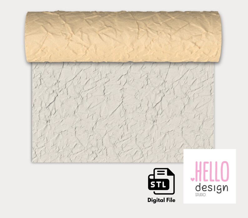 May include: A digital file for a 3D printed textured wall panel. The panel has a light gray, crumpled paper-like texture. The file is in STL format.  HELLO design STUDIO is printed in pink on a white background.