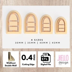 Puede incluir: Cuatro tama&ntilde;os diferentes de marcos de ventanas arqueados, cada uno con tres barras horizontales. Los marcos son de madera y tienen un tama&ntilde;o de 30 mm, 35 mm, 40 mm y 45 mm. El texto "4 SIZES" y las medidas se imprimen debajo de los marcos. El texto "Widthout Double Wall", "0.4mm Cutting Edge", "STL Digital File", y "HELLO design STUDIO" se imprime debajo de los marcos.