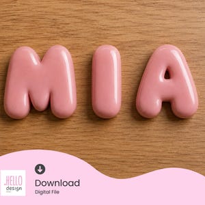 May include: Three glossy, bubble-style letters spelling MIA in a soft pink color. The letters have a smooth, rounded, and inflated appearance. Below the letters, a white square contains the text HELLO design studio, a download icon, and the text Download Digital File.