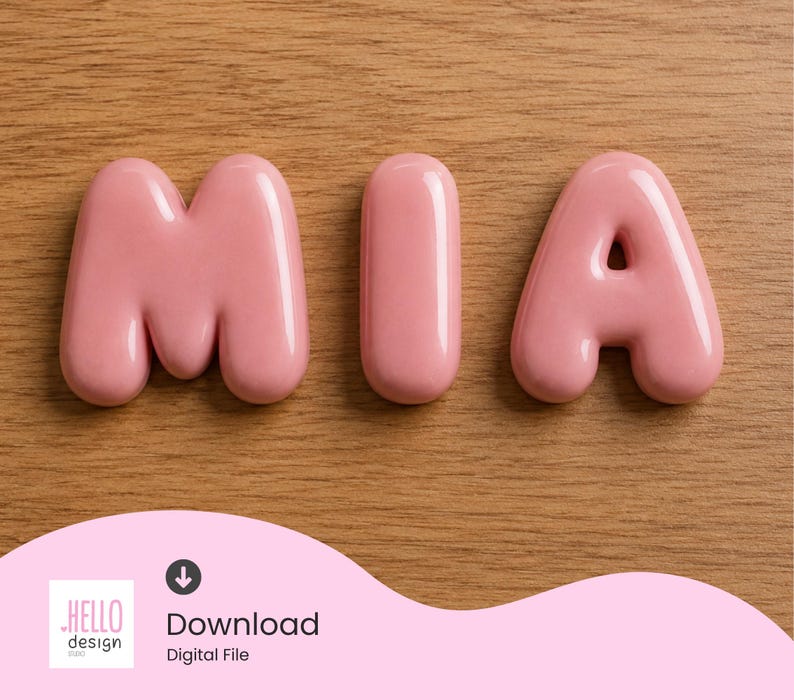 May include: Three glossy, bubble-style letters spelling MIA in a soft pink color. The letters have a smooth, rounded, and inflated appearance. Below the letters, a white square contains the text HELLO design studio, a download icon, and the text Download Digital File.