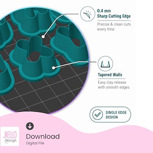 May include: A set of teal-colored flower-shaped clay cutters featuring a 0.4 mm sharp cutting edge for precise cuts and tapered walls for easy release. The design includes a single edge and is available as a digital file for download.