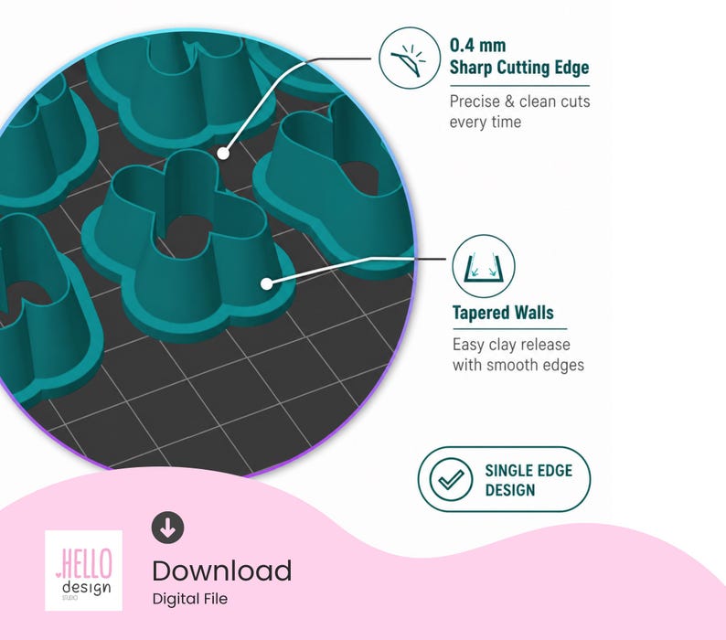 May include: A set of teal-colored flower-shaped clay cutters featuring a 0.4 mm sharp cutting edge for precise cuts and tapered walls for easy release. The design includes a single edge and is available as a digital file for download.