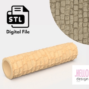 May include: A digital file for 3D printing, shown as a black icon with the text "STL" and the words "Digital File". The image also shows a beige, textured, cylindrical object, similar to a waffle cone.