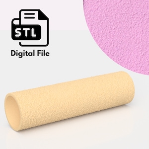 Puede incluir: Un objeto cilíndrico beige con una superficie texturizada. La imagen incluye el texto "STL Digital File" junto a un gráfico de documento. Un círculo rosa texturizado está en el fondo.