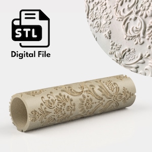 May include: A beige rolling pin with a detailed floral pattern. The rolling pin is designed for creating decorative patterns on fondant or dough. The image also includes a digital file icon with the text "STL" and the words "Digital File".