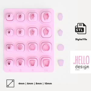 May include: Pink silicone mold with 10 different sized round shapes. The mold is labeled with the measurements 4mm, 6mm, 8mm, and 10mm. The mold is for creating polymer clay earrings or other small crafts. The image also includes the text "STL Digital File" and "Hello Design Studio".