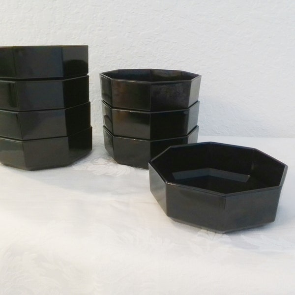 Vintage Modern Arcoroc France Black Octagon Bowls - S/8