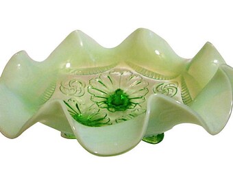 Antique Green Opalescent Ruffled Footed Bowl