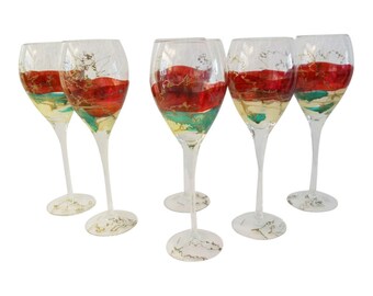 Vintage Romanian Hand-Blown Art Glass Wine Glasses, Set of 6