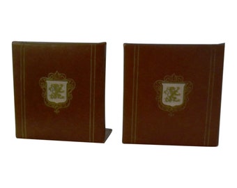 1970s Faux Brown Leather Lions Crest Bookends