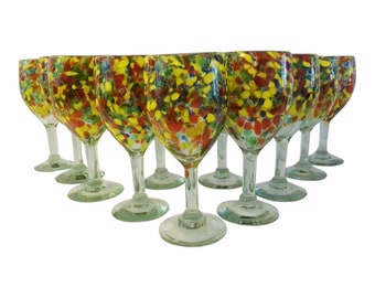 Vintage Mexican Hand Blown Confetti Glass Goblets, Set of 11