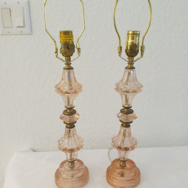 1930s Pale Pink Depression Glass Lamps, a Pair