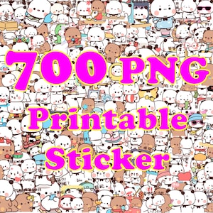 K&ouml;nnte beinhalten: Ein digitaler Download von 700 druckbaren Panda-Stickern. Die Sticker zeigen eine Vielzahl von niedlichen Panda-Designs in verschiedenen Posen und Aktivit&auml;ten. Der Text "700 PNG Printable Sticker" wird in gro&szlig;en, pinken Buchstaben angezeigt.