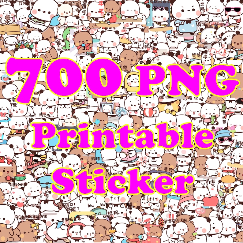 K&ouml;nnte beinhalten: Ein digitaler Download von 700 druckbaren Panda-Stickern. Die Sticker zeigen eine Vielzahl von niedlichen Panda-Designs in verschiedenen Posen und Aktivit&auml;ten. Der Text "700 PNG Printable Sticker" wird in gro&szlig;en, pinken Buchstaben angezeigt.
