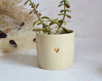 Small Beige Ceramic Plant Pot With A Gold Embossed Heart, Beige Clay Plant Pot, Beige Brown Porcelain Planter Pot, Handmade Beige Pot