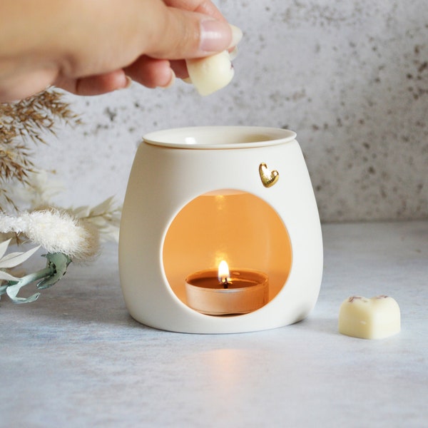 Wax and Oil Burner, Handmade Porcelain with a Gold Embossed Heart and Detachable Lid, Pastel Wax Burner, Pink Oil Burner, Mint Burner, Wax