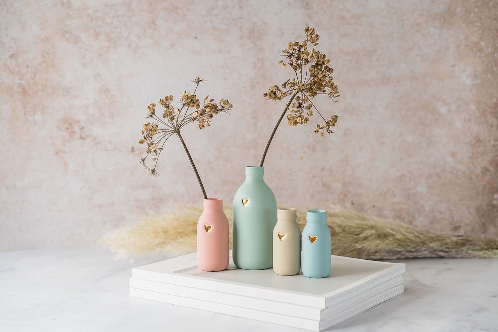 Pastel Ceramic Bottle Vases with a Gold Heart, Small Bottle Vases, Pastel Coloured Vases, Pastel Vases, Gold Heart, Bottle Neck, Spring Vase